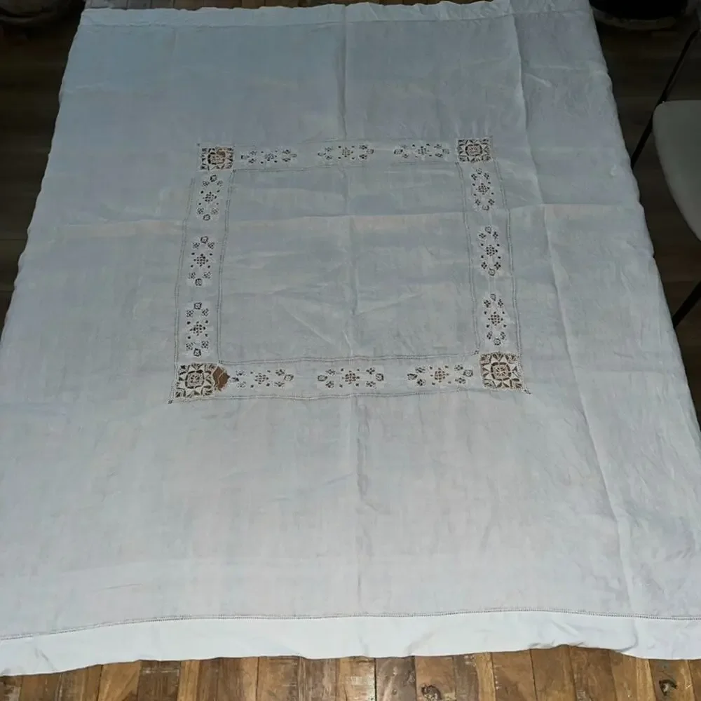 White Linen Tablecloth 49 x 52 in Delicate Cutwork & Hand-Done Drawnwork